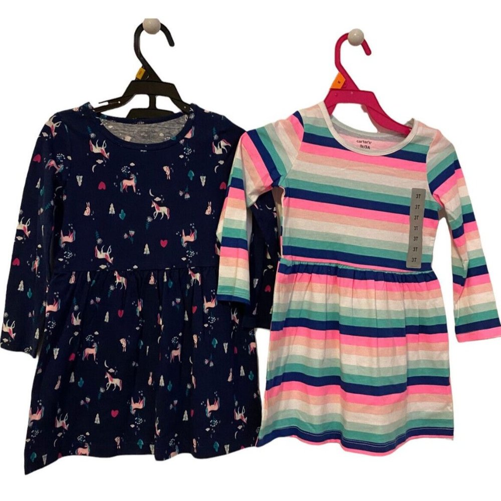 NWT Carters SET Of 2‎ Long sleeve Knit Dresses 3T Striped Unicorns Toddler NEW